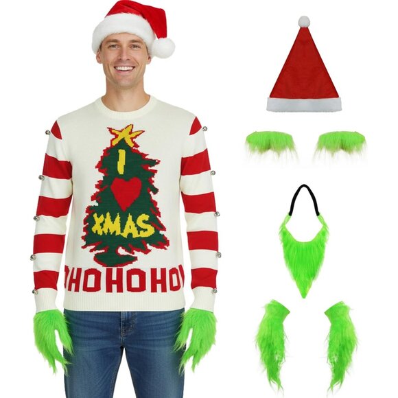 Women’s Christmas Sweater Cute Ugly Striped Knit Long Sleeve with Hat Gloves - Picture 1 of 6